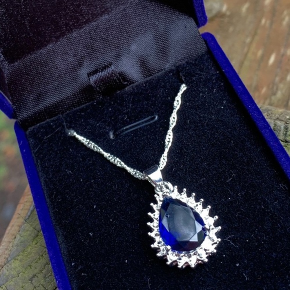 SS 925 CHAIN & PENDANT BLUE & CLEAR CUBIC ZIRCONIA - Picture 2 of 6
